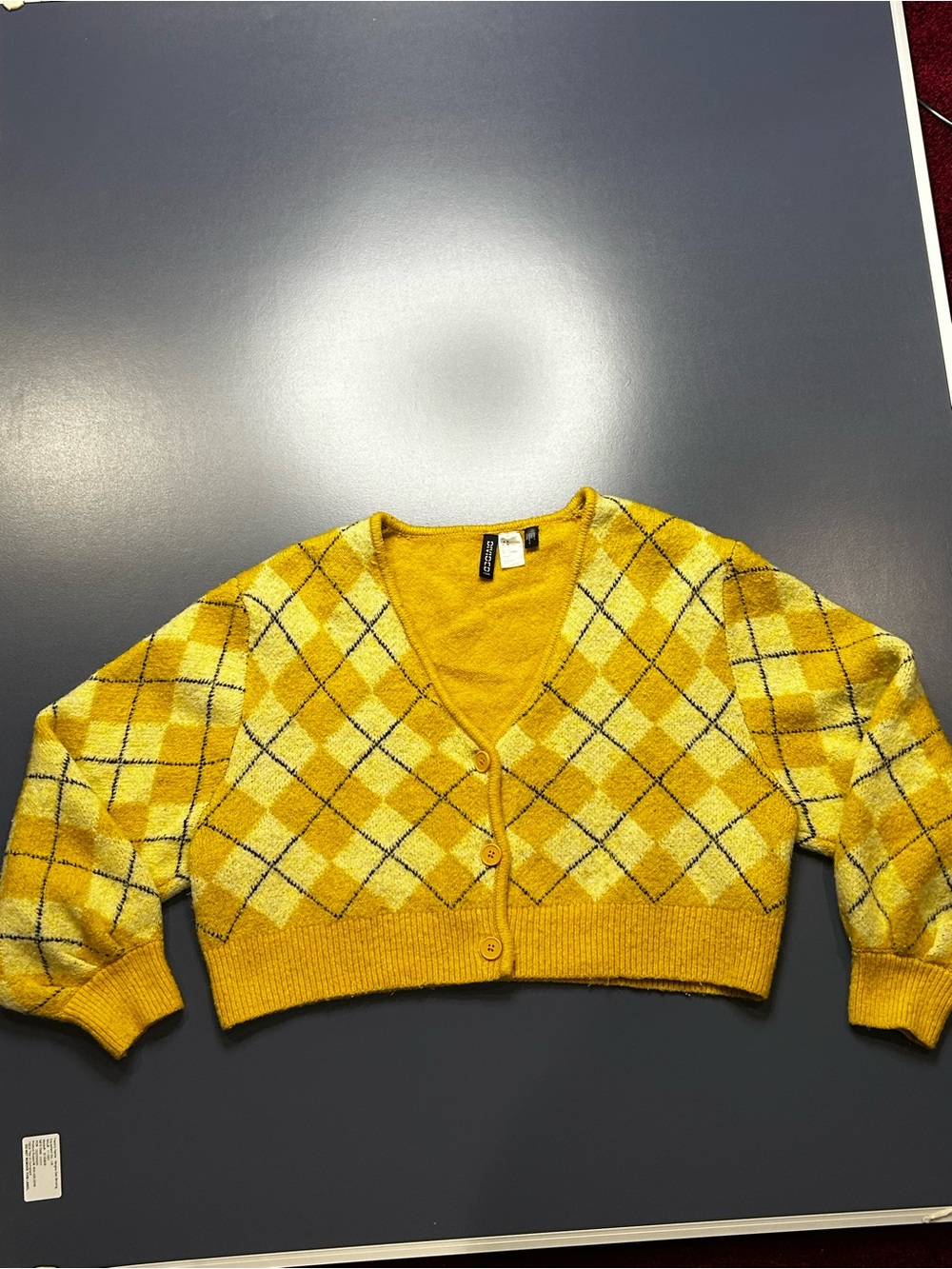 Divide Yellow Argyle Cropped Button Cardigan Sweater women size M